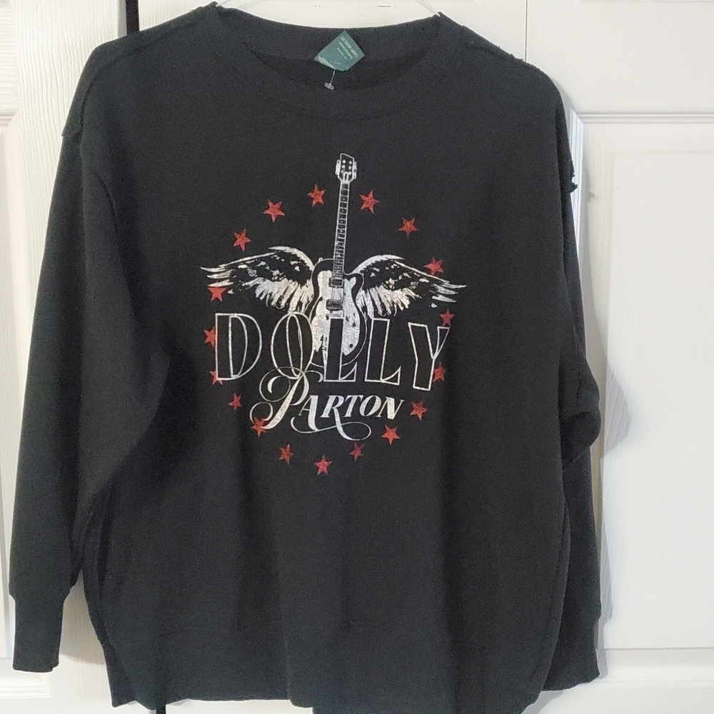 DOLLY PARTON Terra & Sky Black Sweatshirt Raw Hem Line. 1X Country